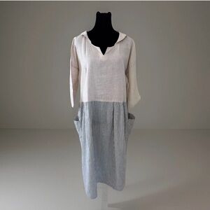 SM2 Samansa Mos2 Dress Hemp Cotton Sz M Tan Blue Stripe Slouch Pockets Lagenlook